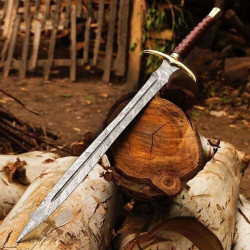 SS-1295 Handmade Damascus Steel Hunting 32-in Viking Sword with Leather Sheath