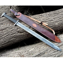 Handmade Damascus Steel Sword 32-in Viking Sword with Leather Sheath VK-1296