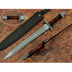 SS-1294 Handmade Damascus Steel Sword 28-in Viking Short Sword with Leather Sheath